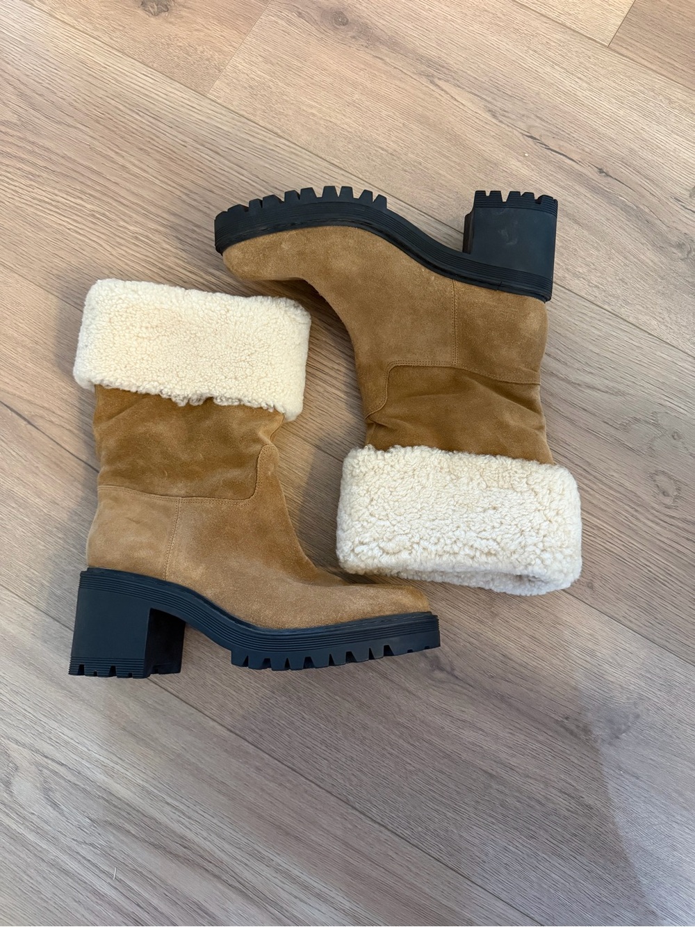Marc Fisher Tan Suede Shearling Cuff Lug Heel Boots